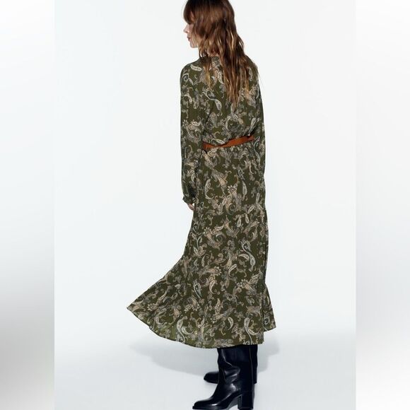 ZARA BNWT GREEN PAISLEY PRINT MIDI SHIRT DRESS BELTED. - Picture 5 of 10